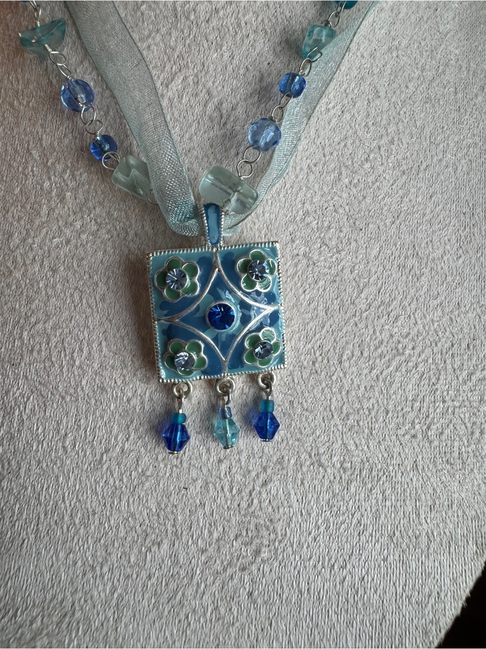 Aqua Blue Glass Floral Pendant Necklace with Beaded Ribbon - Picture 3 of 5